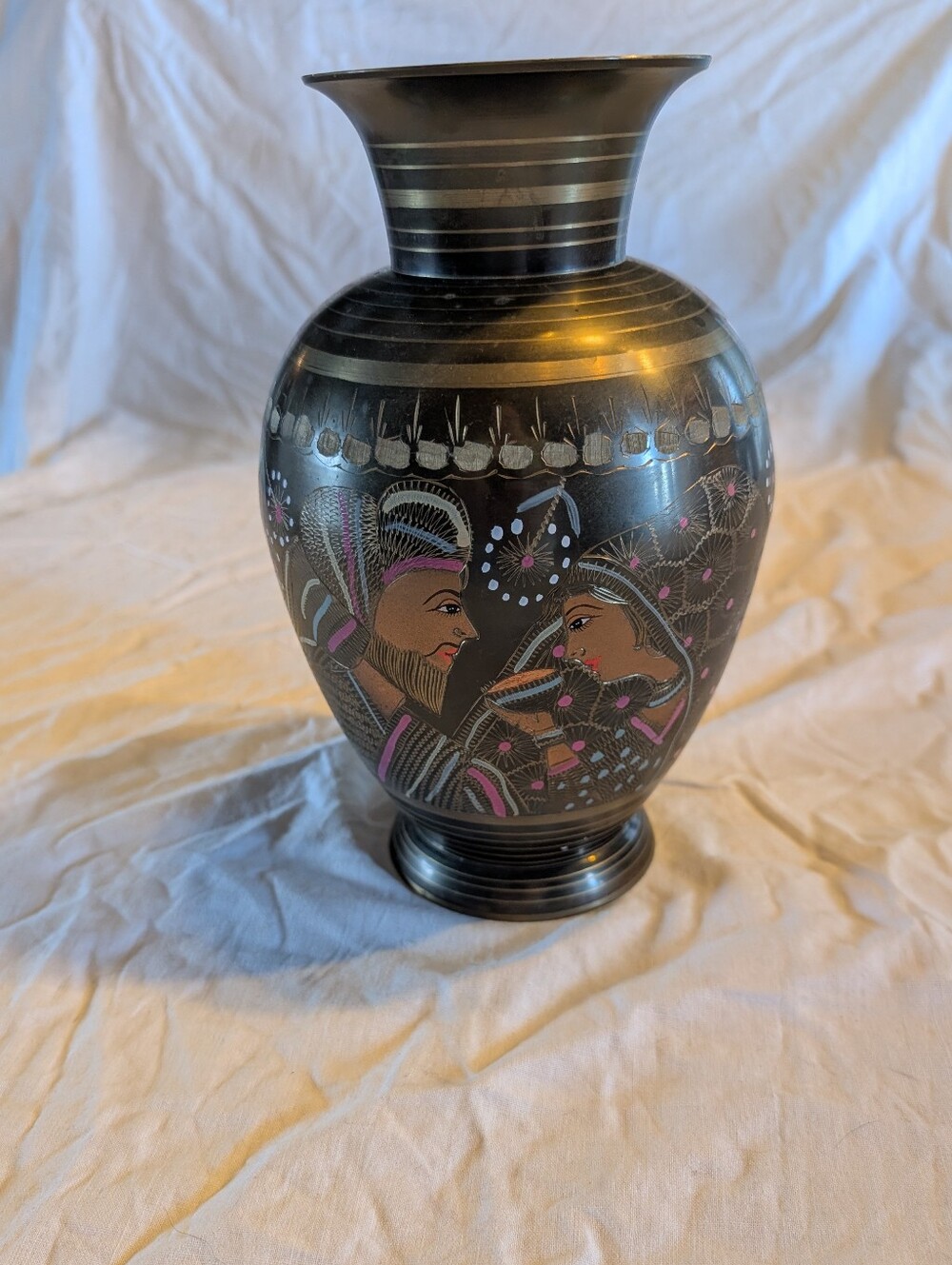 2/70$ Vintage Engraved Brass Vase with Pink and Blue Figurative Detail